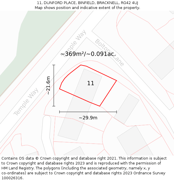 11, DUNFORD PLACE, BINFIELD, BRACKNELL, RG42 4UJ: Plot and title map