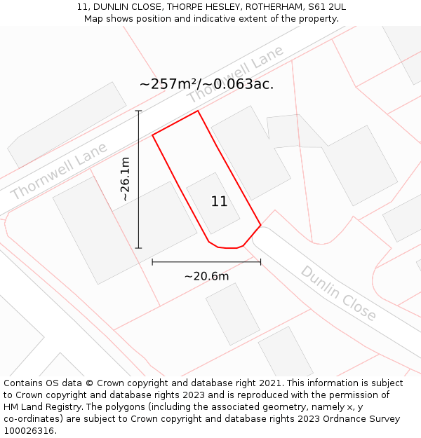 11, DUNLIN CLOSE, THORPE HESLEY, ROTHERHAM, S61 2UL: Plot and title map