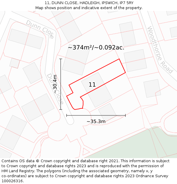 11, DUNN CLOSE, HADLEIGH, IPSWICH, IP7 5RY: Plot and title map