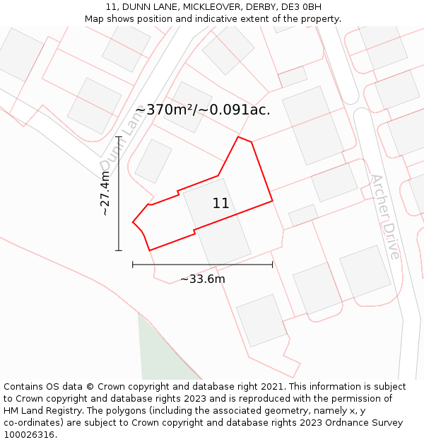 11, DUNN LANE, MICKLEOVER, DERBY, DE3 0BH: Plot and title map