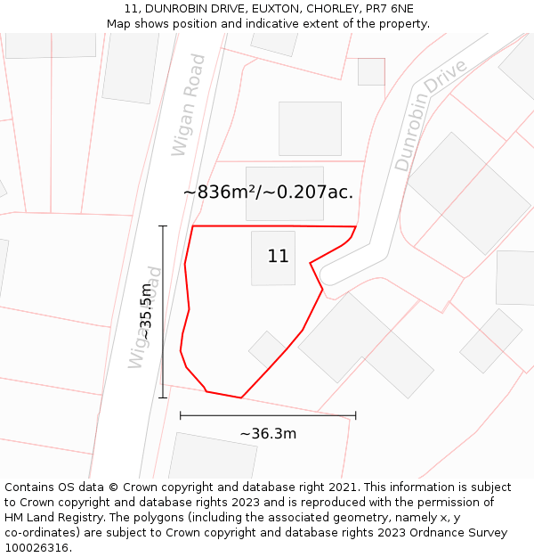 11, DUNROBIN DRIVE, EUXTON, CHORLEY, PR7 6NE: Plot and title map