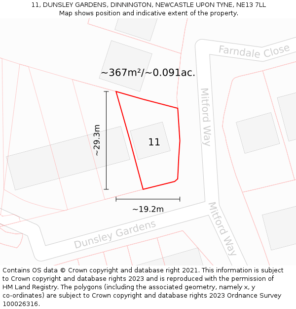 11, DUNSLEY GARDENS, DINNINGTON, NEWCASTLE UPON TYNE, NE13 7LL: Plot and title map