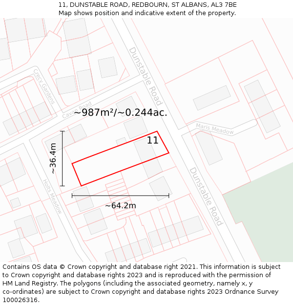 11, DUNSTABLE ROAD, REDBOURN, ST ALBANS, AL3 7BE: Plot and title map