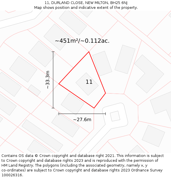 11, DURLAND CLOSE, NEW MILTON, BH25 6NJ: Plot and title map