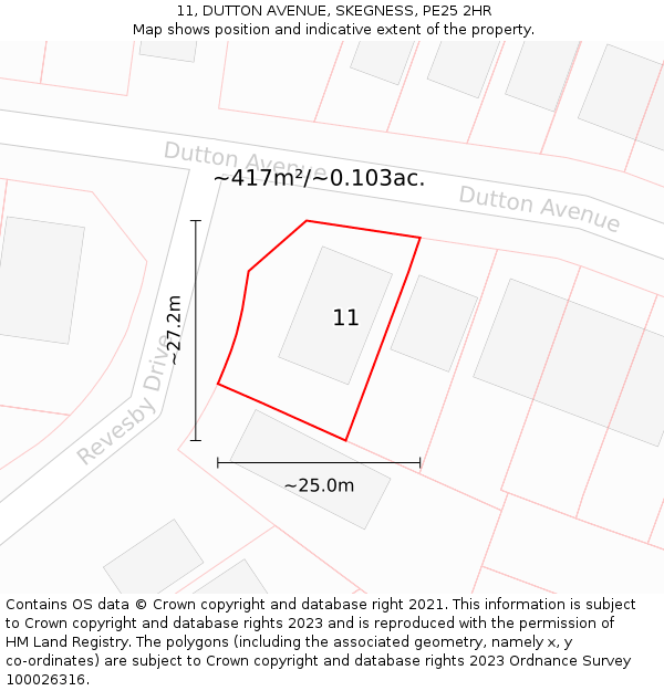 11, DUTTON AVENUE, SKEGNESS, PE25 2HR: Plot and title map