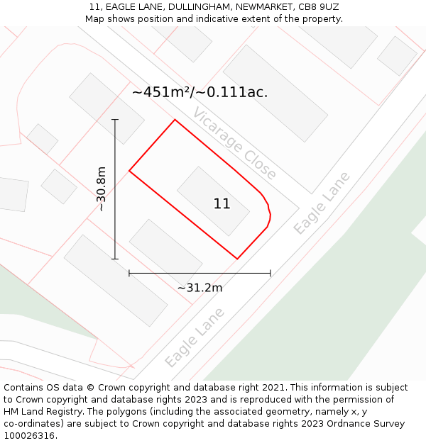 11, EAGLE LANE, DULLINGHAM, NEWMARKET, CB8 9UZ: Plot and title map