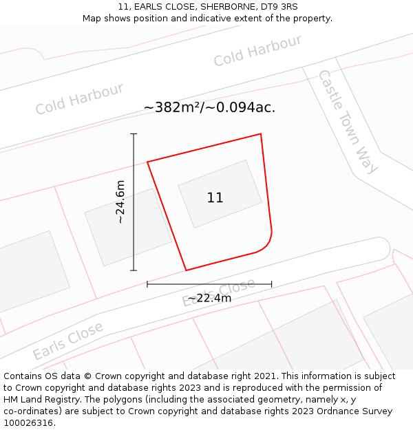 11, EARLS CLOSE, SHERBORNE, DT9 3RS: Plot and title map