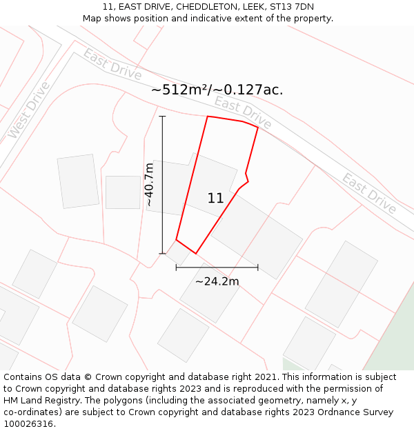 11, EAST DRIVE, CHEDDLETON, LEEK, ST13 7DN: Plot and title map