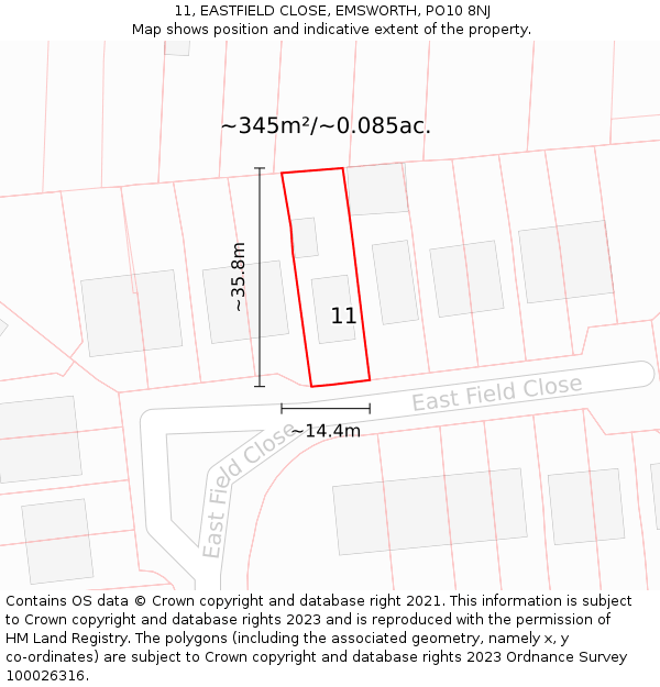11, EASTFIELD CLOSE, EMSWORTH, PO10 8NJ: Plot and title map