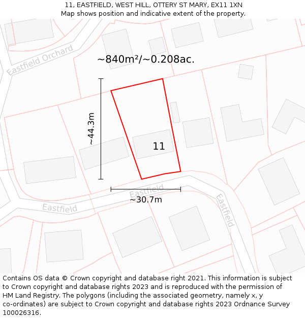 11, EASTFIELD, WEST HILL, OTTERY ST MARY, EX11 1XN: Plot and title map