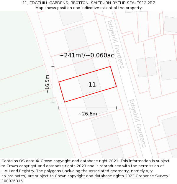 11, EDGEHILL GARDENS, BROTTON, SALTBURN-BY-THE-SEA, TS12 2BZ: Plot and title map