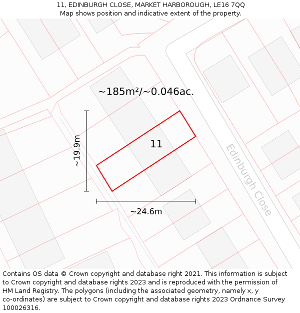 11, EDINBURGH CLOSE, MARKET HARBOROUGH, LE16 7QQ: Plot and title map