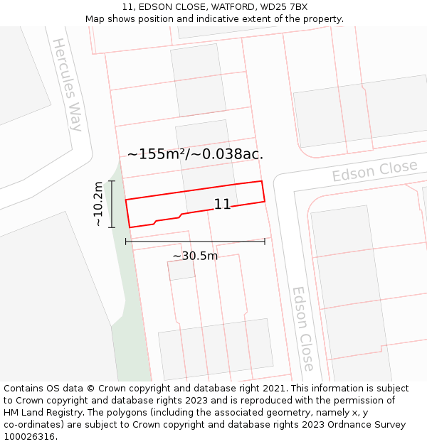 11, EDSON CLOSE, WATFORD, WD25 7BX: Plot and title map