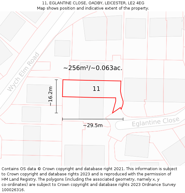 11, EGLANTINE CLOSE, OADBY, LEICESTER, LE2 4EG: Plot and title map