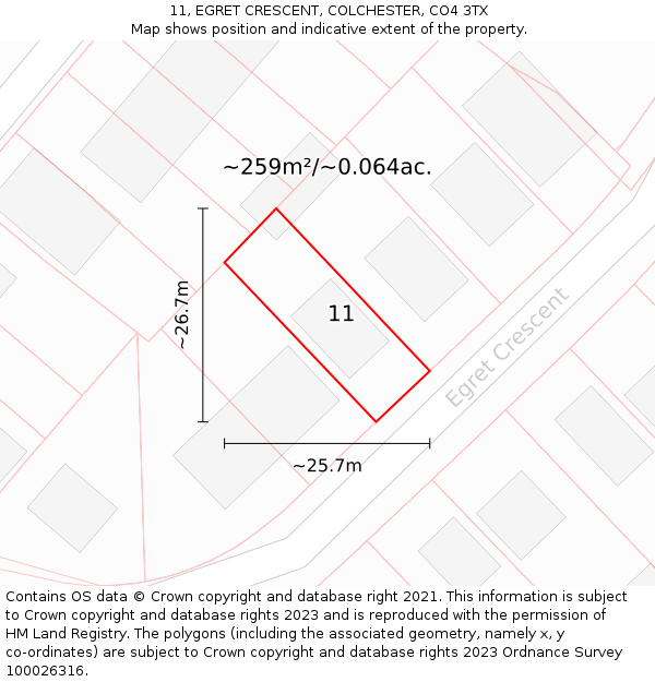 11, EGRET CRESCENT, COLCHESTER, CO4 3TX: Plot and title map