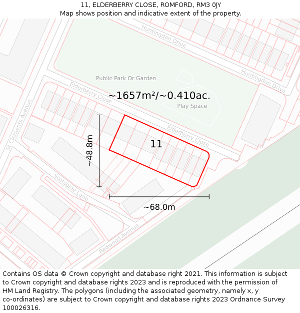 11, ELDERBERRY CLOSE, ROMFORD, RM3 0JY: Plot and title map