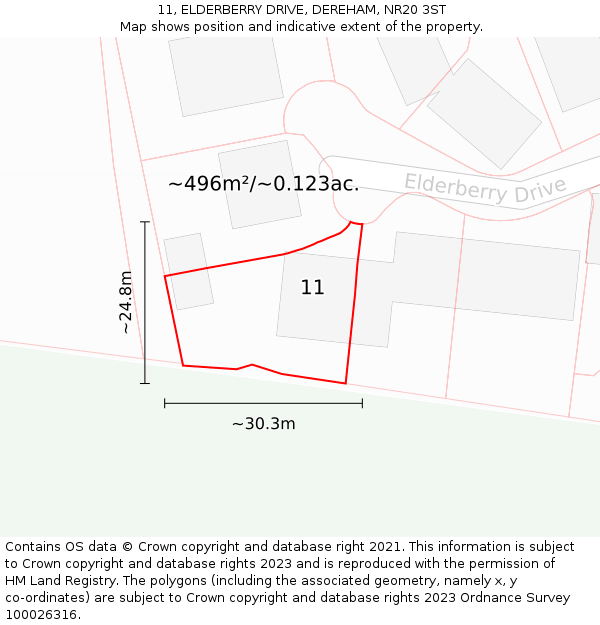 11, ELDERBERRY DRIVE, DEREHAM, NR20 3ST: Plot and title map