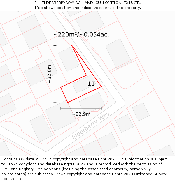 11, ELDERBERRY WAY, WILLAND, CULLOMPTON, EX15 2TU: Plot and title map