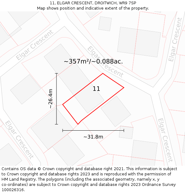 11, ELGAR CRESCENT, DROITWICH, WR9 7SP: Plot and title map