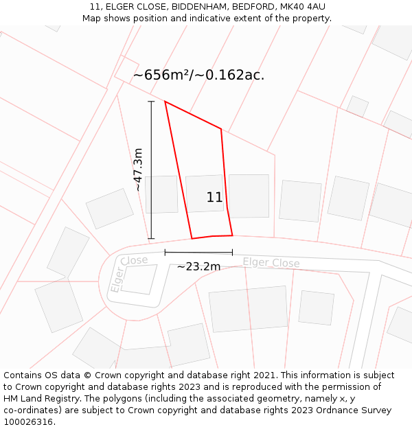 11, ELGER CLOSE, BIDDENHAM, BEDFORD, MK40 4AU: Plot and title map