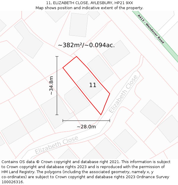 11, ELIZABETH CLOSE, AYLESBURY, HP21 9XX: Plot and title map