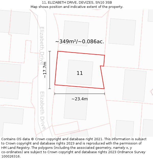 11, ELIZABETH DRIVE, DEVIZES, SN10 3SB: Plot and title map