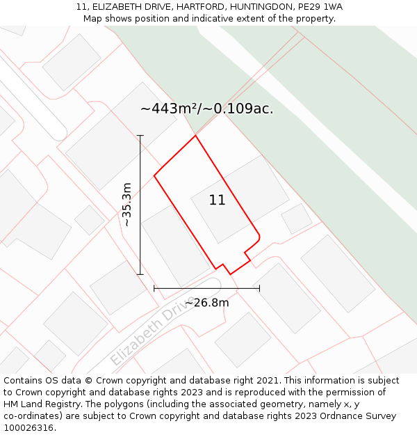 11, ELIZABETH DRIVE, HARTFORD, HUNTINGDON, PE29 1WA: Plot and title map