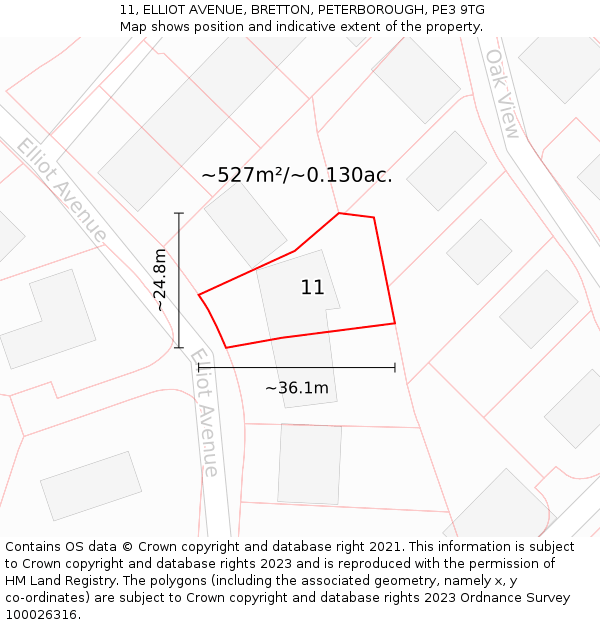 11, ELLIOT AVENUE, BRETTON, PETERBOROUGH, PE3 9TG: Plot and title map