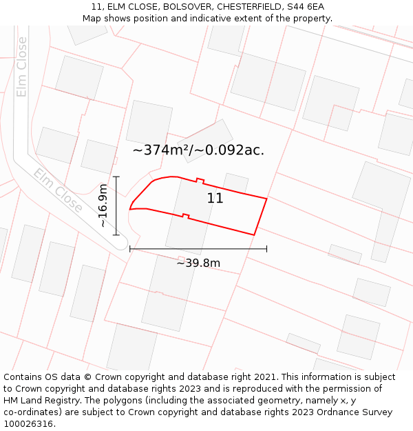 11, ELM CLOSE, BOLSOVER, CHESTERFIELD, S44 6EA: Plot and title map