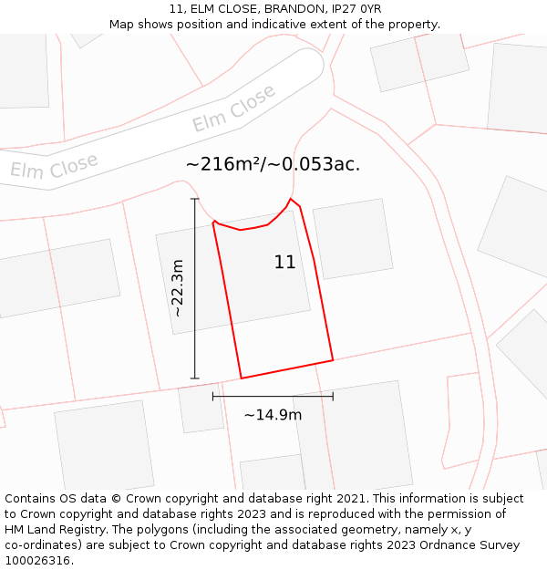 11, ELM CLOSE, BRANDON, IP27 0YR: Plot and title map