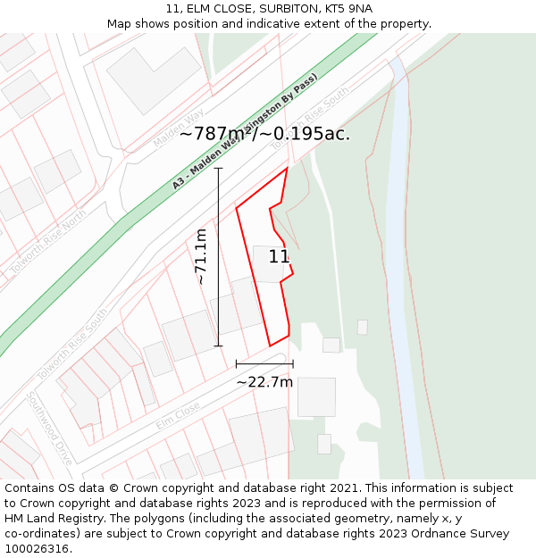 11, ELM CLOSE, SURBITON, KT5 9NA: Plot and title map