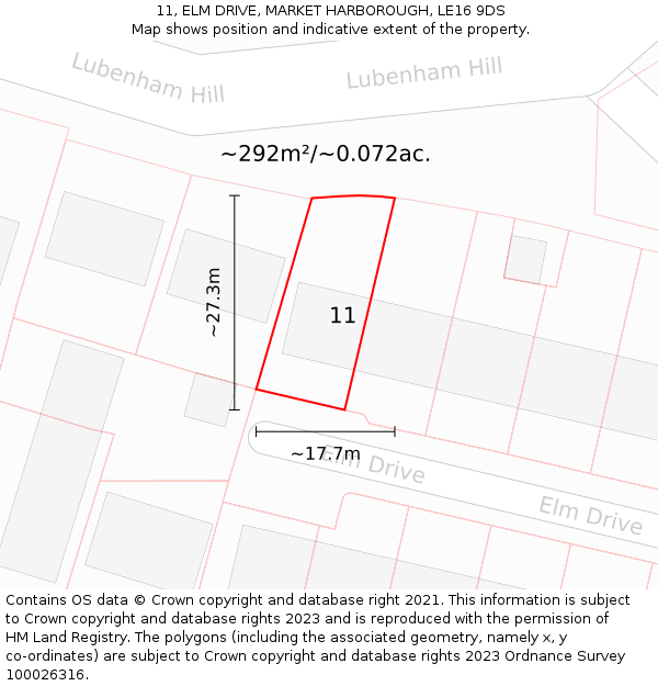 11, ELM DRIVE, MARKET HARBOROUGH, LE16 9DS: Plot and title map