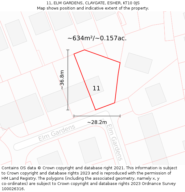 11, ELM GARDENS, CLAYGATE, ESHER, KT10 0JS: Plot and title map