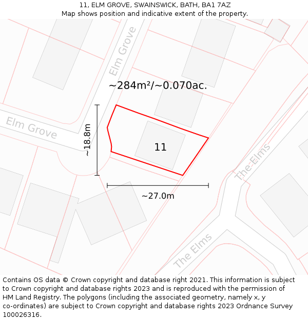11, ELM GROVE, SWAINSWICK, BATH, BA1 7AZ: Plot and title map
