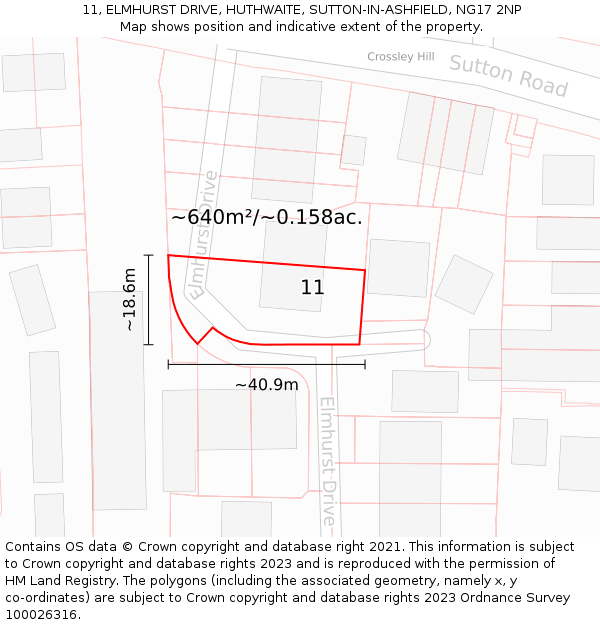 11, ELMHURST DRIVE, HUTHWAITE, SUTTON-IN-ASHFIELD, NG17 2NP: Plot and title map