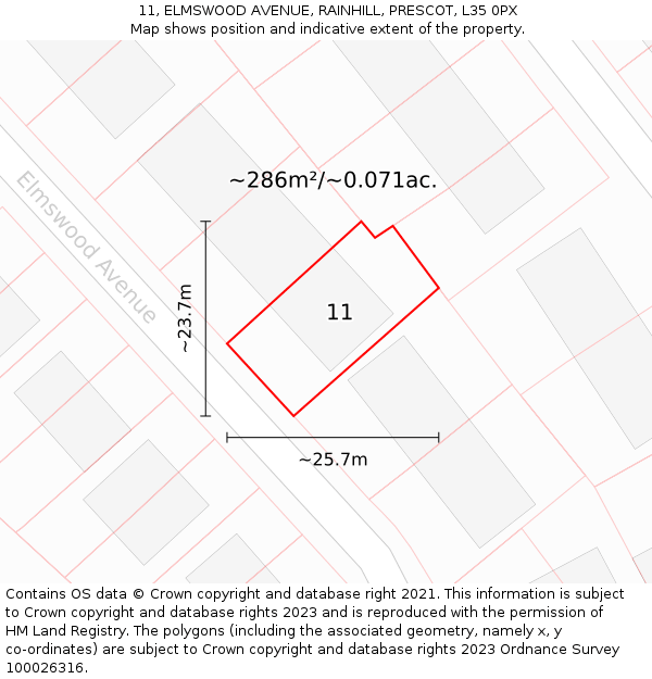 11, ELMSWOOD AVENUE, RAINHILL, PRESCOT, L35 0PX: Plot and title map