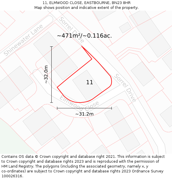 11, ELMWOOD CLOSE, EASTBOURNE, BN23 8HR: Plot and title map