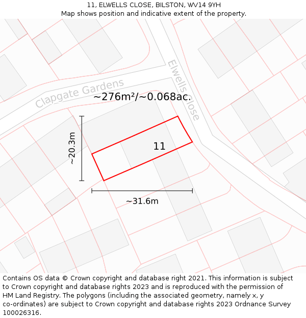 11, ELWELLS CLOSE, BILSTON, WV14 9YH: Plot and title map