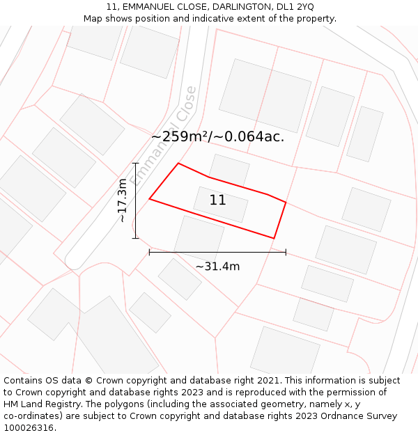 11, EMMANUEL CLOSE, DARLINGTON, DL1 2YQ: Plot and title map
