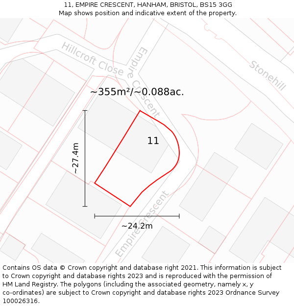 11, EMPIRE CRESCENT, HANHAM, BRISTOL, BS15 3GG: Plot and title map
