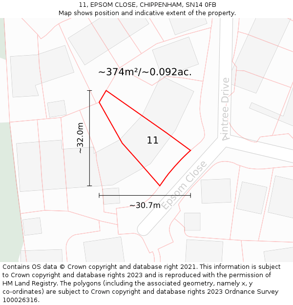 11, EPSOM CLOSE, CHIPPENHAM, SN14 0FB: Plot and title map