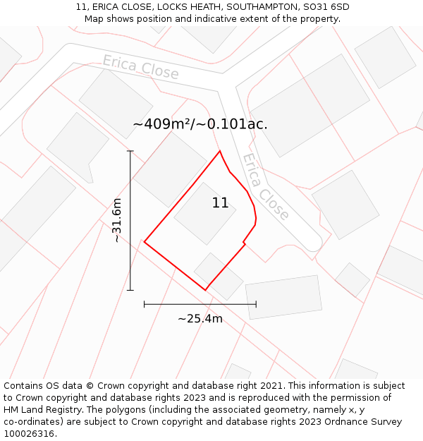 11, ERICA CLOSE, LOCKS HEATH, SOUTHAMPTON, SO31 6SD: Plot and title map