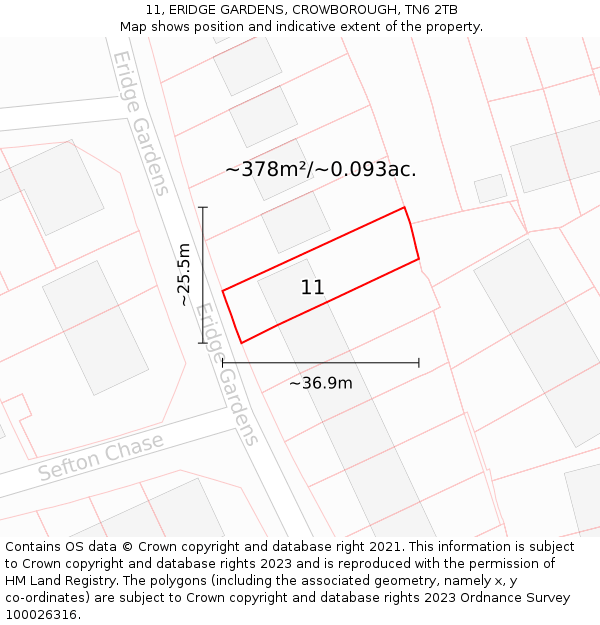 11, ERIDGE GARDENS, CROWBOROUGH, TN6 2TB: Plot and title map