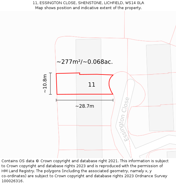 11, ESSINGTON CLOSE, SHENSTONE, LICHFIELD, WS14 0LA: Plot and title map