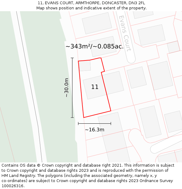 11, EVANS COURT, ARMTHORPE, DONCASTER, DN3 2FL: Plot and title map