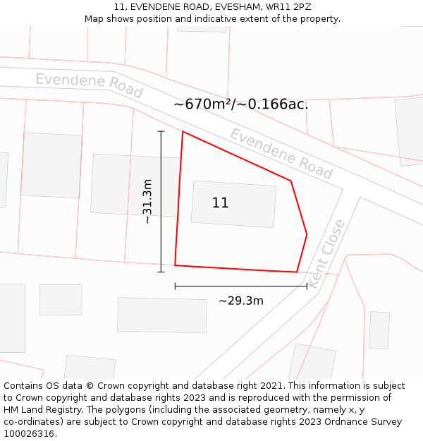11, EVENDENE ROAD, EVESHAM, WR11 2PZ: Plot and title map
