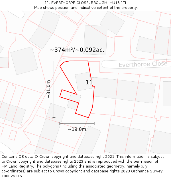 11, EVERTHORPE CLOSE, BROUGH, HU15 1TL: Plot and title map