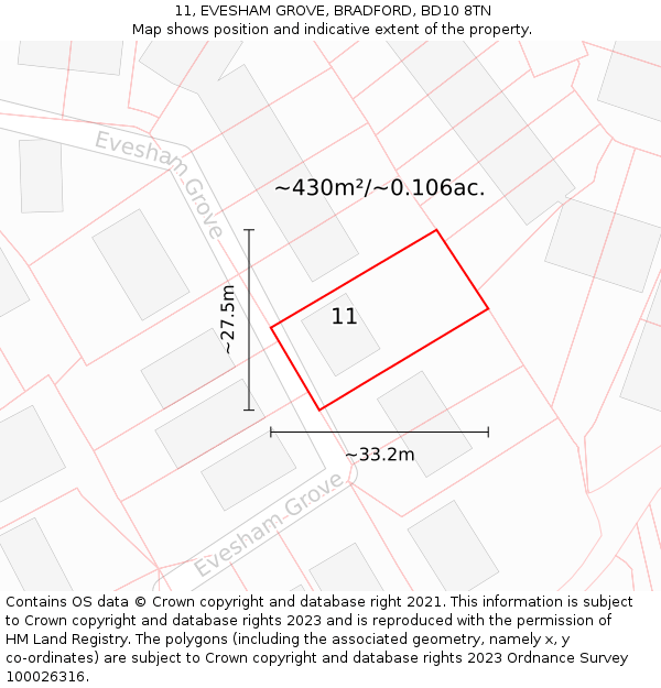 11, EVESHAM GROVE, BRADFORD, BD10 8TN: Plot and title map