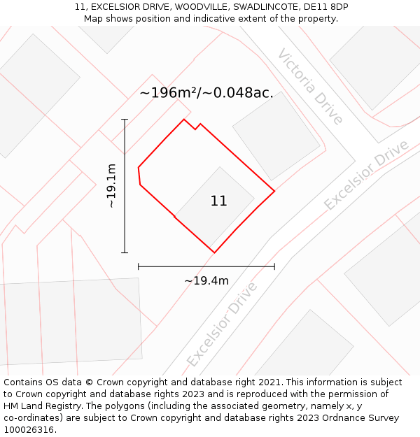 11, EXCELSIOR DRIVE, WOODVILLE, SWADLINCOTE, DE11 8DP: Plot and title map