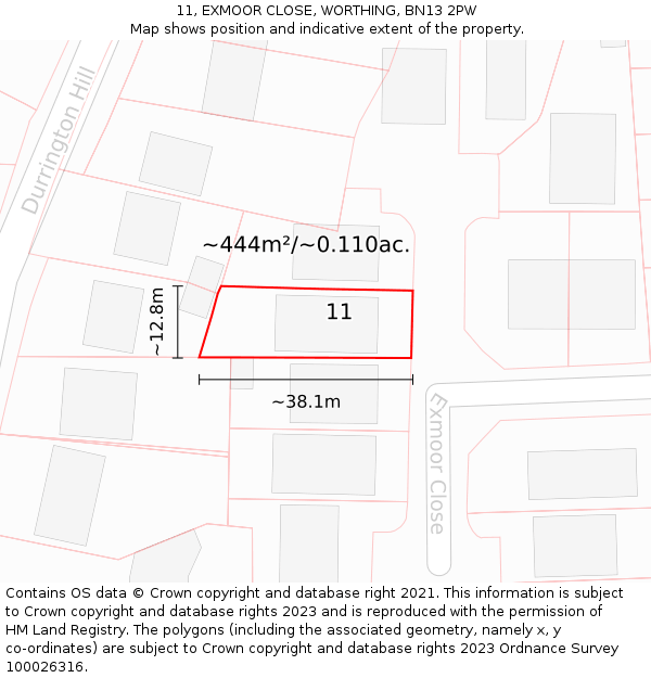 11, EXMOOR CLOSE, WORTHING, BN13 2PW: Plot and title map
